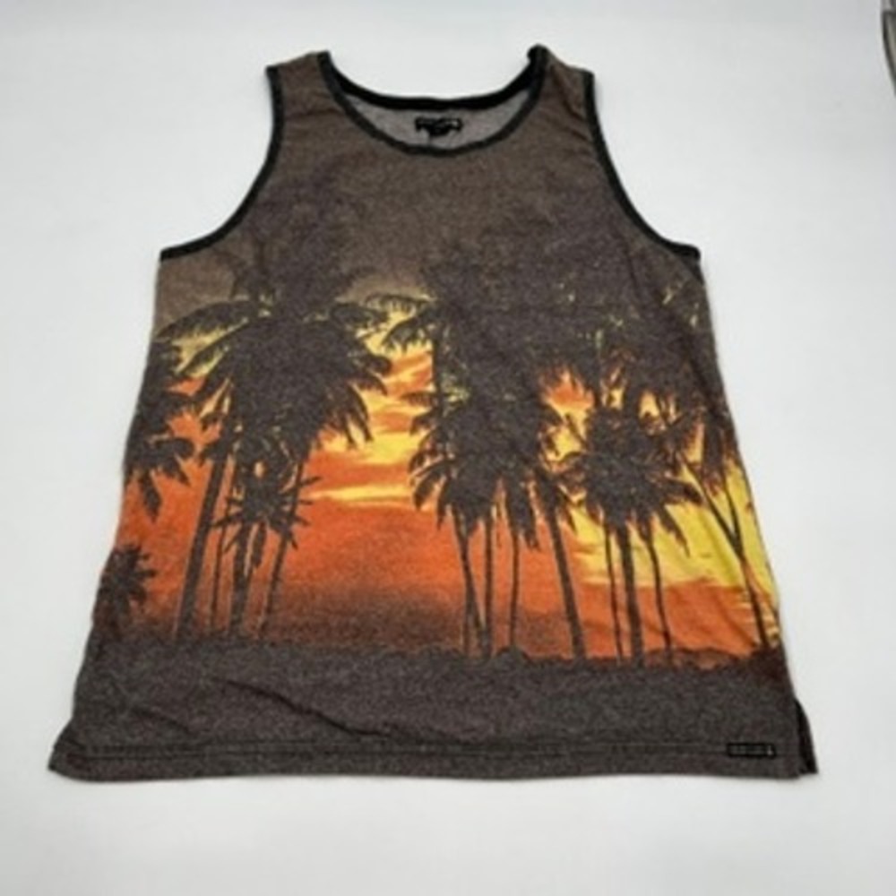 Ocean Current Mens Tropical Sunset Palm Tree Tank Top Brown Large